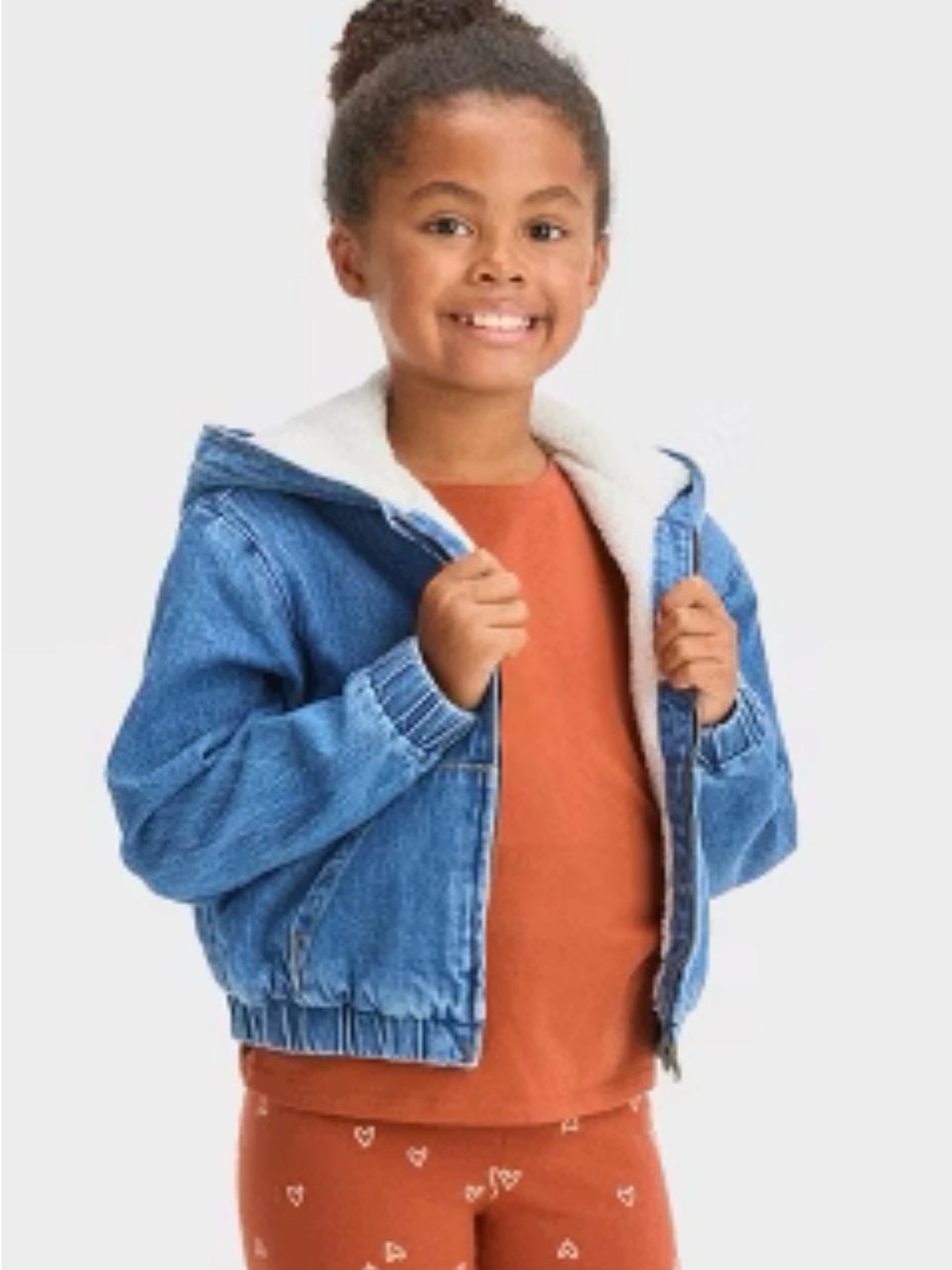 Girls' Hooded Zip-Up Faux Shearling Jean Jacket - Cat & Jack Size L 10/12 NWOT